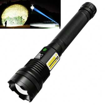 1 st. långdistansfokuserad LED-ficklampa med hög effekt, USB-laddningsbar, justerbar zoom, med taktisk COB-ficklampa på sidan