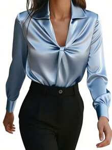 Plus Size Women's Solid Color Elegant Satin Pleated Long Sleeve Blouse, Suitable For Daily And Office Wear, Spring/Summer - Baby Blue - View 3