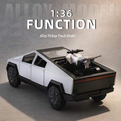 1 pieza 1:36 Camioneta Tesla con motocicleta de playa Modelo de coche de aleación fundido, puertas que se abren de forma realista, juguete divertido, regalo de cumpleaños de coche realista, decoración de coche de aleación