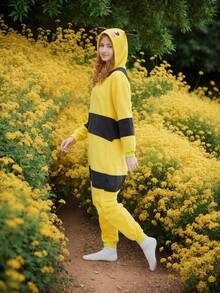 1pc Animal Home Pajamas Jumpsuit Warm Fleece Costume Sleepwear, Autumn/Winter Couples Gifts Suitable For Men And Women Party Outfit - Bee - View 5