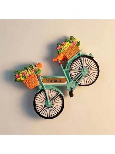 1 pieza Imán de refrigerador decorativo para el hogar con bicicleta floral pintada a mano, recuerdo de viaje creativo holandés en 2D plano
