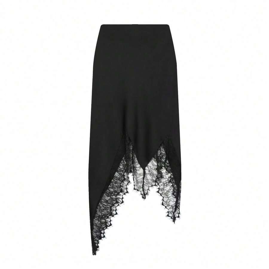 Vestido de mujer de nueva llegada Primavera/Verano de Seelio, estilo europeo y americano, moda dulce, ajuste ceñido, vestido midi asimétrico con parches de encaje, color negro - Negro - Ver 1