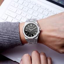 1 件男士石英表，12 面磨砂表壳，不锈钢表带，独特的嘻哈小众设计，防水夜光时尚商务日历腕表