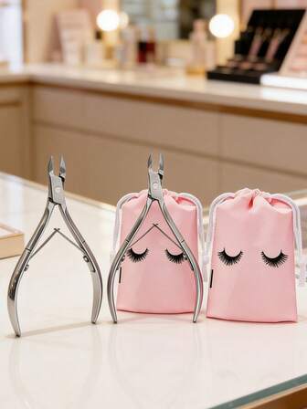 2 件装可重复使用化妆包 + 2 件装高品质不锈钢指甲钳，适用于睫毛嫁接、修眉、唇膏和化妆工具，睫毛抽绳袋，粉色睫毛抽绳收纳袋，小型化妆品收纳袋 - 方便旅行，收纳美容产品，圣诞节、冬季、粉色、毕业典礼、生日、节日、夏季、秋季、Y2K、女士礼物、圣诞礼物