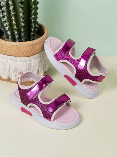 Girls Shiny Stylish Summer Hook And Loop Cute Simple Fashion Casual Sandals, Toddler Outdoor Beach Shoes, Students Breathable Lightweight Comfortable Children Sports Sandals