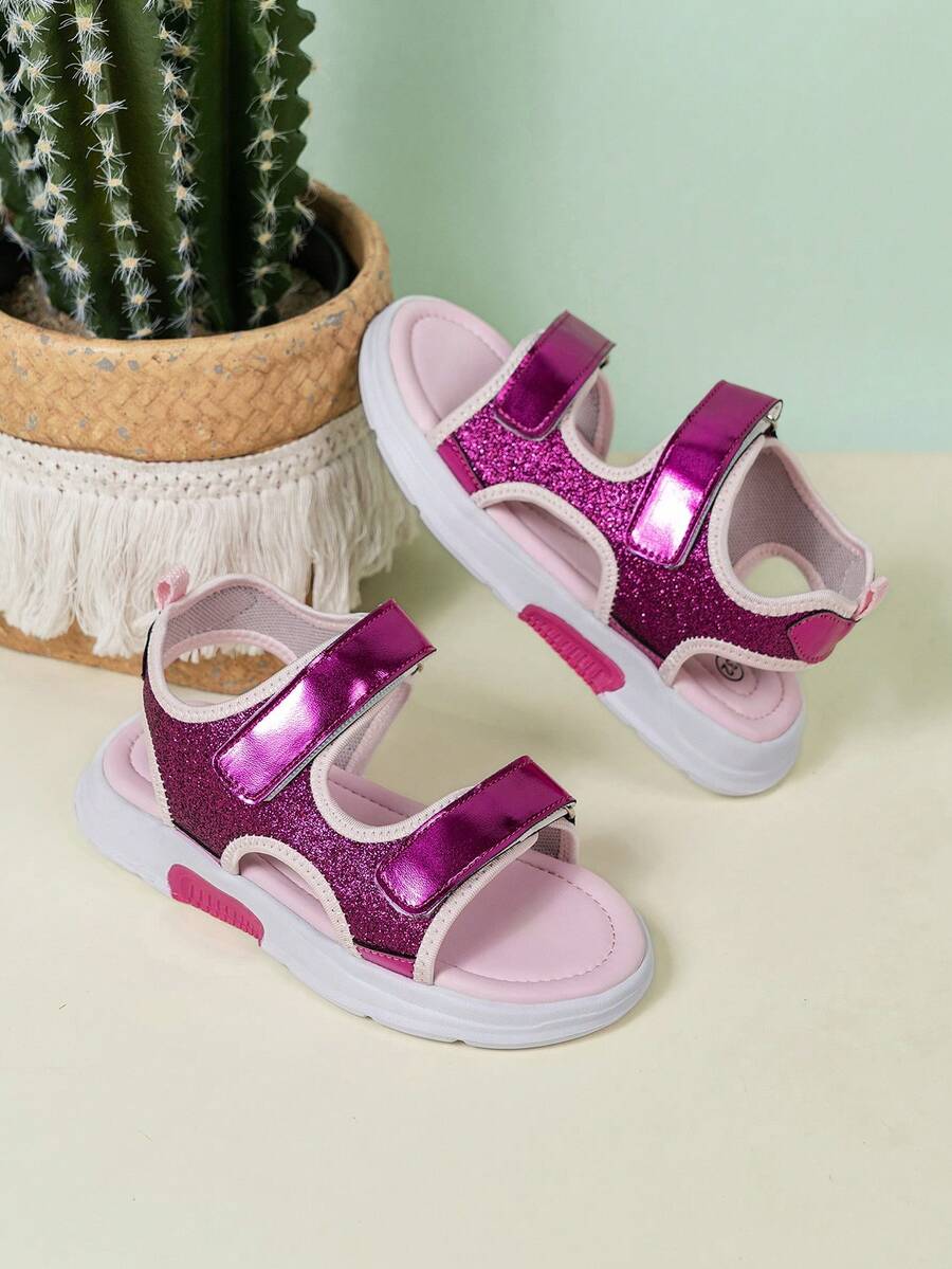 Girls Shiny Stylish Summer Hook And Loop Cute Simple Fashion Casual Sandals, Toddler Outdoor Beach Shoes, Students Breathable Lightweight Comfortable Children Sports Sandals