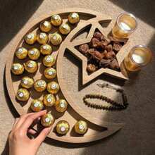 1pc Wooden Decorative Tray With Crescent Moon And Star Pattern, Suitable For Eid Al-Fitr DIY Decor, Ideal For Home Celebration, Party, And Dessert Table Centerpiece (Style Randomly Sent)