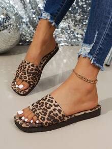 Women's Thick Sole Wedge Heel Square Toe Sandals, Leopard Print Pattern, Single Strap, Open Toe Design, Suitable For Beach, Vacation And Daily Wear - Embroidered Leopard Print - View 1