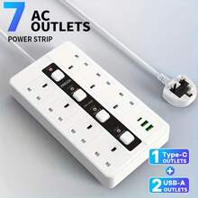 10 In One Power Strip Lightning Protection Device, Compact Design, 3250W 13A AC Socket, Including 7 AC Sockets And 3 USB Ports, With 4 Independent Switches, Portable British Standard Plug, Suitable For Home, Kitchen, Office Or Hotel Use - UK Plug(220-240V) - View 1