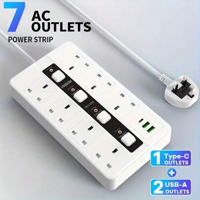 10 In One Power Strip Lightning Protection Device, Compact Design, 3250W 13A AC Socket, Including 7 AC Sockets And 3 USB Ports, With 4 Independent Switches, Portable British Standard Plug, Suitable For Home, Kitchen, Office Or Hotel Use