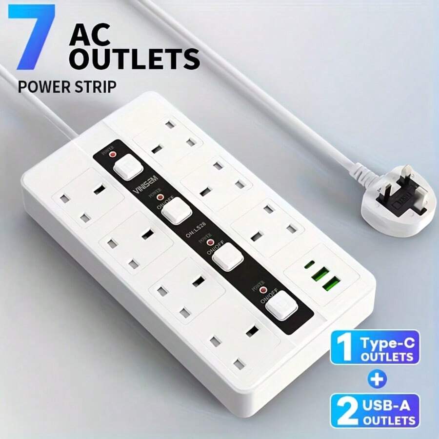 10 In One Power Strip Lightning Protection Device, Compact Design, 3250W 13A AC Socket, Including 7 AC Sockets And 3 USB Ports, With 4 Independent Switches, Portable British Standard Plug, Suitable For Home, Kitchen, Office Or Hotel Use - UK Plug(220-240V) - View 1