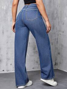 Y2K Autumn Back To School Season, Autumn/Winter, All Season One Piece Long Denim Jeans With Buttons And Zipper, Solid Color Cotton Casual Fashion Versatile , Suitable For Night Out, Commuting, School Spring - Blue - View 7