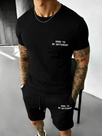 男士夏季时尚独特短袖T恤和短裤两件套休闲装
