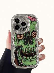 1pc Green Skull Horror Pattern Electroplated Cream Wave Phone Case Soft TPU Full Protection Stylish Shockproof Comfortable Grip Holiday Gift For Girlfriend Or Self Use Compatible With Iphone 16 15 14 13 12 11 Xr Xsmax Xs X Series - 銀色 - 查看 1