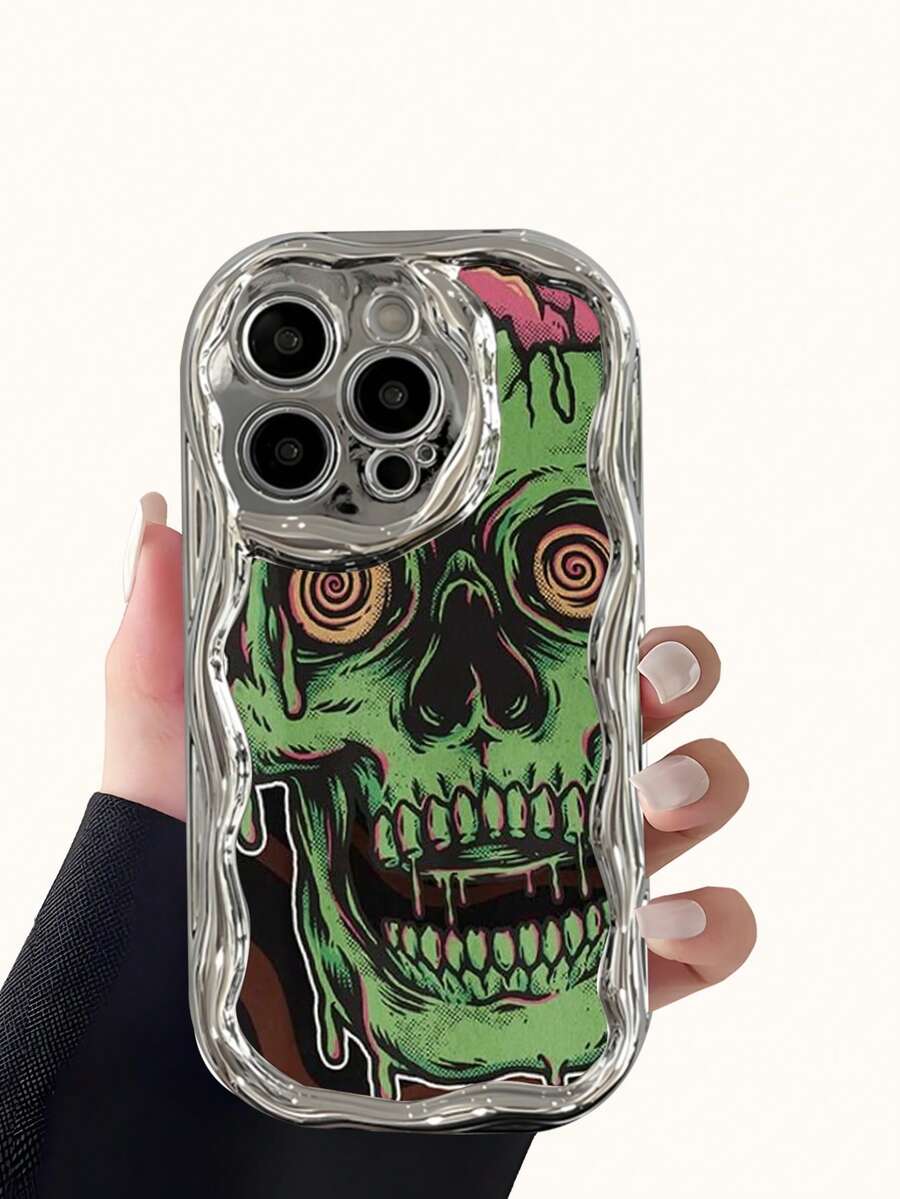 1pc Green Skull Horror Pattern Electroplated Cream Wave Phone Case Soft TPU Full Protection Stylish Shockproof Comfortable Grip Holiday Gift For Girlfriend Or Self Use Compatible With Iphone 16 15 14 13 12 11 Xr Xsmax Xs X Series - 銀色 - 查看 1