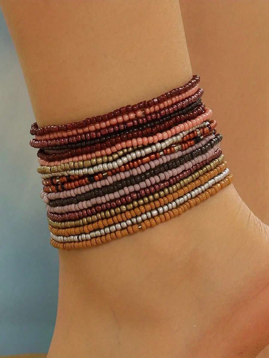 18pcs Bohemian Beach Style Multicolor Beaded Anklet Set For Women - 18pcs Brown - View 1