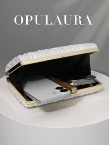 OpulAura 1件装复古优雅缎面褶皱正式派对手拿包，魅力精致的正式场合手提包，奢华盒式小钱包，适合派对/婚礼/正式场合，配有可拆卸链条，可肩背或斜挎 - 白色 - 查看 3