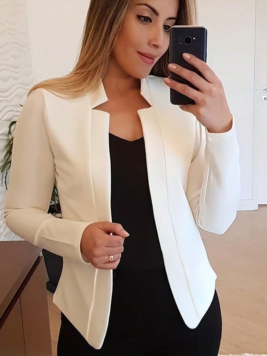 1 buah Jaket Kardigan Kasual Wanita Warna Polos dengan Kerah Tegak, Cocok untuk Kantor, Musim Semi dan Musim Gugur, Warna Putih - Putih - View 1
