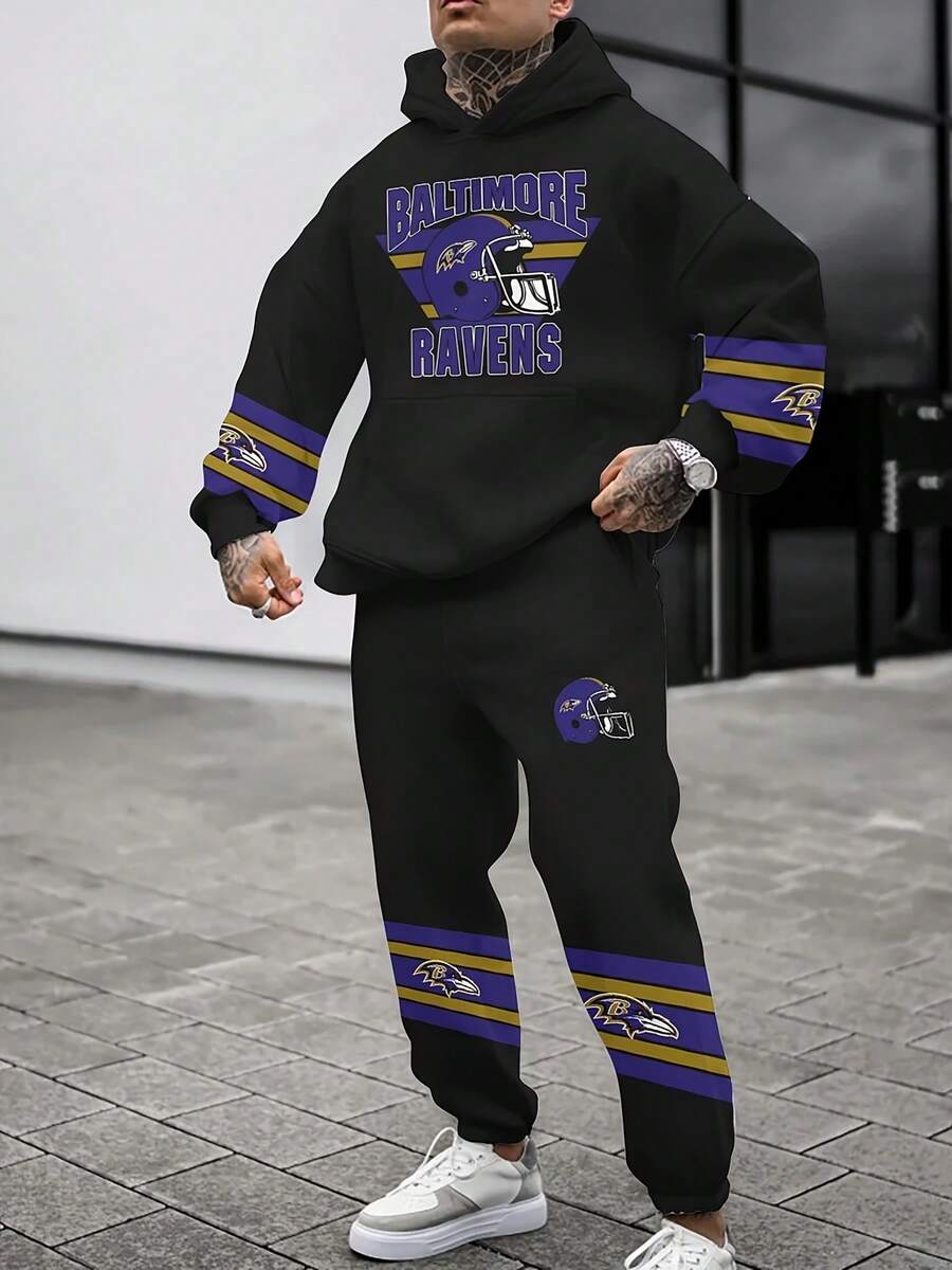 Balti-More Ravens Casual Hoodie Jogging Sweatpants Tracksuit Set, Football Team Men's Tracksuit Set, Men's Game Day Hoodie Set - 彩色 - 查看 1