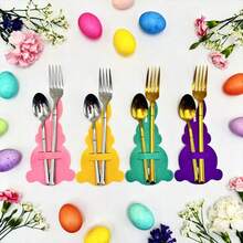 10pcs Hollow Heart Rabbit Shaped Tableware Set, Rabbit Shaped Cutlery Holder, Easter Decor Cutlery Bag, Dining Table Decor, Suitable For Restaurant, Party, Home Decoration, 5 Colors Rabbit Tableware Set - Multicolor - View 4