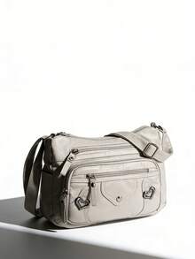 【轻便拉链斜挎包】优雅女士斜挎包，多口袋设计，人造革材质，轻巧纯色，可调节肩带，拉链封口，涤纶衬里，涂层饰边 - 提供黑色、灰色、红色、浅棕色可选 - 彩色 - 查看 7