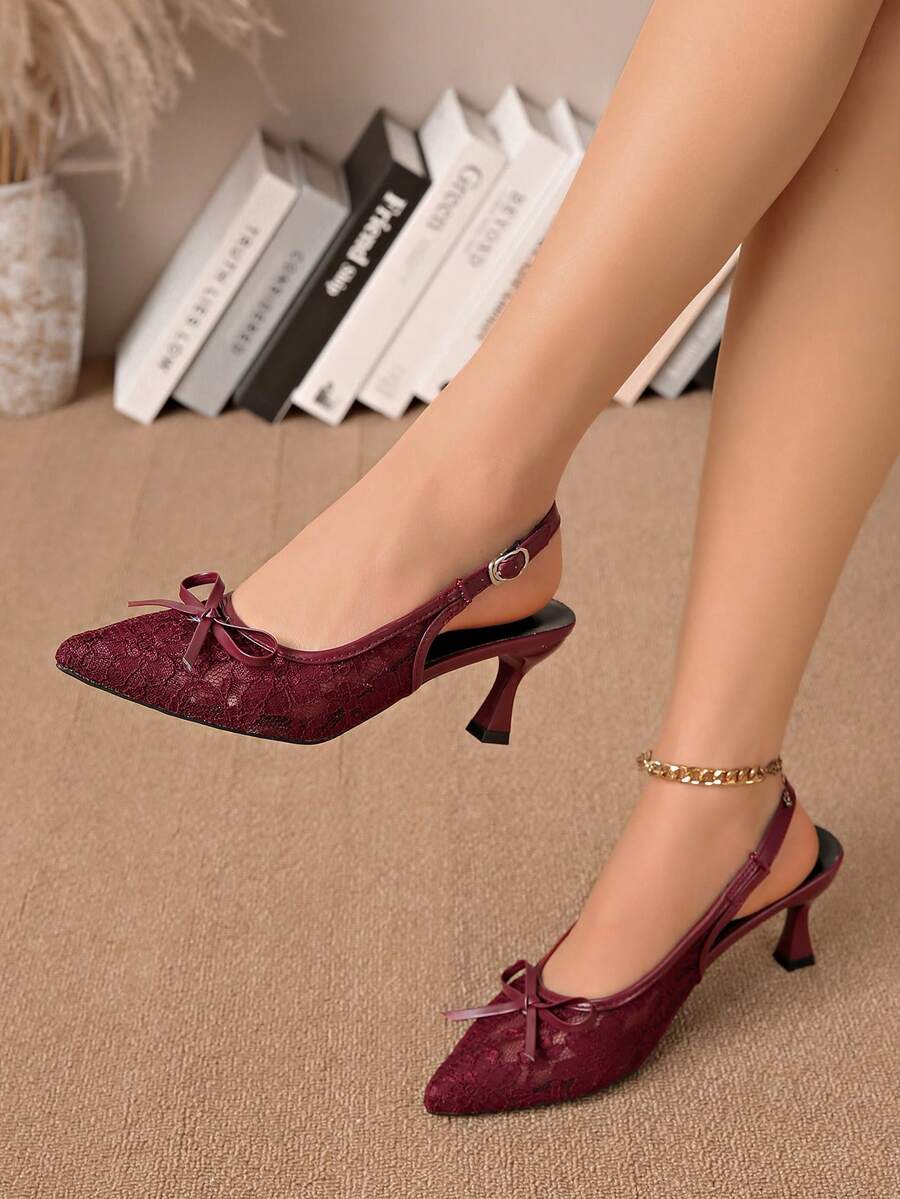 New Women's Stiletto High Heels, Summer Breathable Lace Mesh Sandals, French Style Versatile - Burgundy - View 1