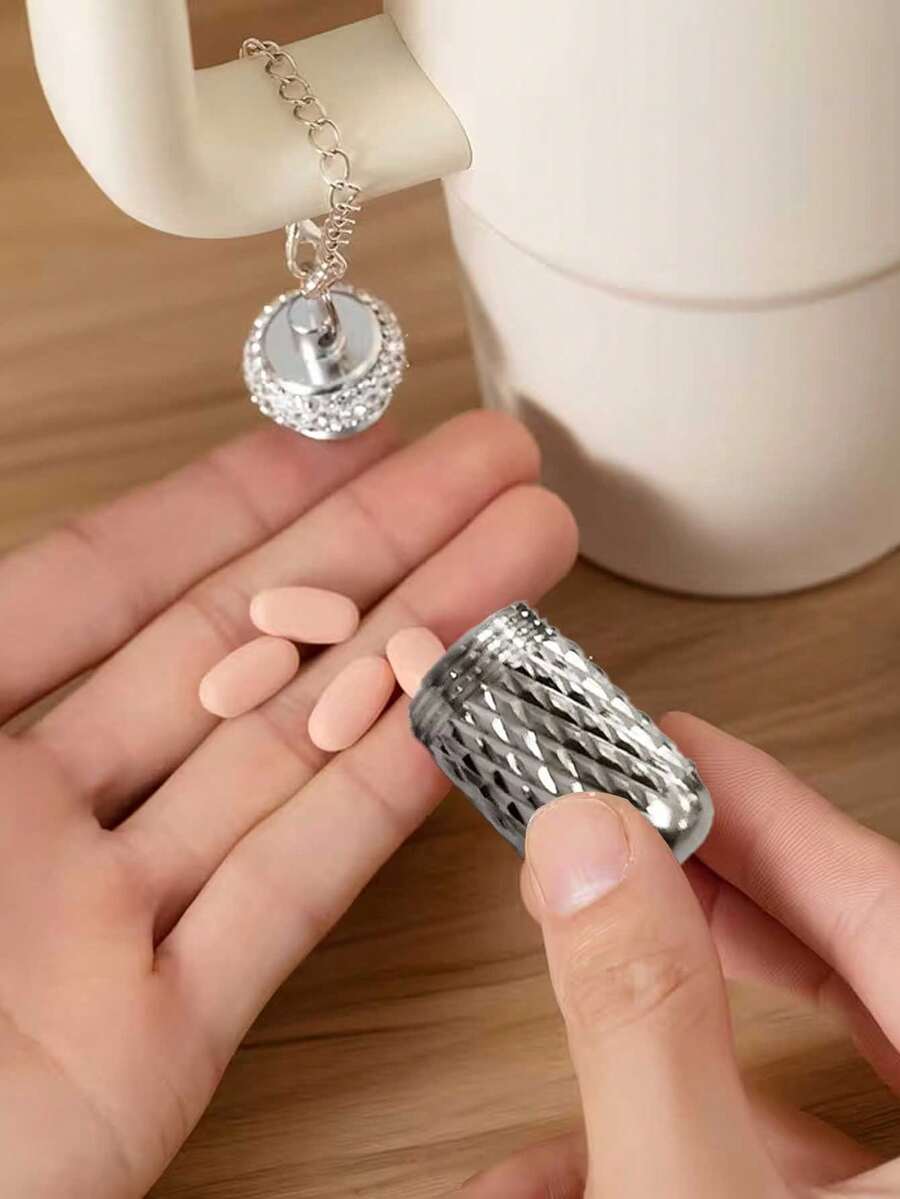 1pc Sparkling Metal Pill Holder With Handle For Tumblers - Bling Cup Accessory, Unscented Tablet Organizer, Food Contact , Perfect For Daily Medication Management, Daily Pill Organizer | Bling Cup Accessory | Decorative Compartment, Pill Box - Multicolor - View 1