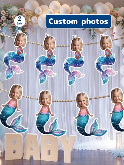 7/14/21pcs Customized Mermaid Theme Face Photo Banner, Personalized Birthday Party Banner (Can Add Any Photos), Underwater Theme Party Backdrop Wall Hanging Banner, Underwater Scene Happy Birthday Party Decor, Underwater Theme Birthday Party Banner, Milestone Photo Banner