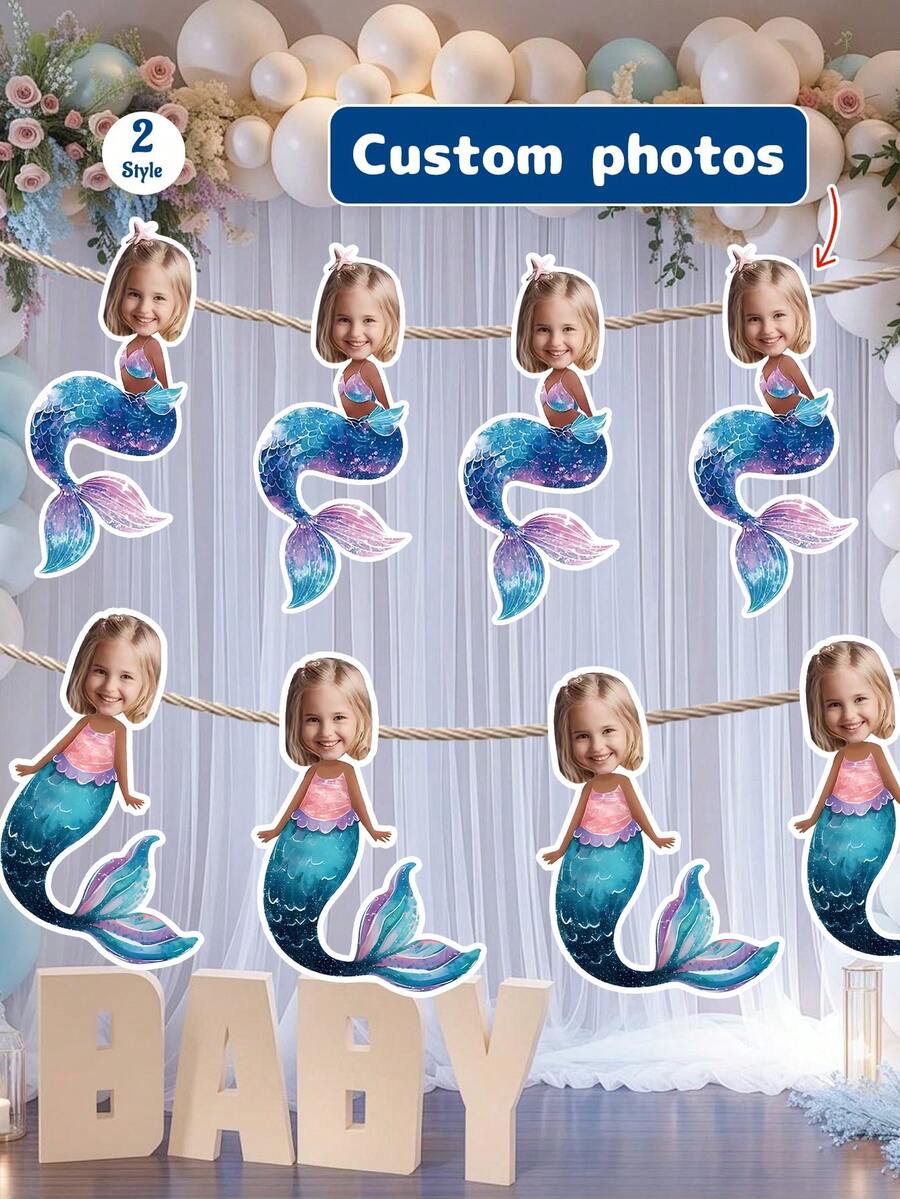 7/14/21pcs Customized Mermaid Theme Face Photo Banner, Personalized Birthday Party Backdrop Wall Hanging, Underwater Scene Happy Birthday Party Decoration, Birthday Gift - Blue - View 1