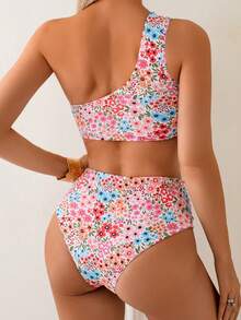 Spring/Summer Floral Print Ruched Bandeau Bikini Set, Sexy Two Pieces Swimwear For Women Vacation Beach - Pink - View 2