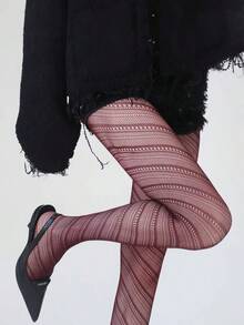 1 Paar Damen Mode Vintage gerippte transparente Strümpfe, dünne Anti-Snag Spitze Cut-Out-Muster Netzstrumpfhosen, Frühling/Sommer - Rot - Übersicht 2