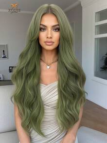 XOUJE 浅绿色长款蓬松波浪卷假发，中分刘海，30英寸，自然逼真，柔软蓬松，采用耐热合成纤维制成，适合女性佩戴，时尚日常、节日聚会、婚礼、万圣节、圣诞节、角色扮演、休闲约会等各种场合。 - 綠色 - 查看 2