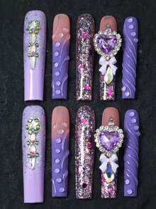 CrystalHola Valentine's Day & New Year's Edition 10 Pcs Handmade Press-On Nails,French Tip Nails, Square Long Nails, Fresh And Luxurious, Y2K, Exquisite, Diverse Styles, Oversized Purple Heart Gems, 3D Gel Strips, Shining Sequins, Hand-Painted Stripes, Christmas Elements, Gems Of Different Shapes, Cute Bear Accessories, Nail Set. Unique Artwork Within Reach, Detachable And Reusable, Full Coverage Design, Durable, A Top Choice For Gifts For Girls, An Essential Fashionable Accessory For Parties, Weddings, And Holidays, Suitable For Christmas, Halloween, And New Year Wear, Very Shiny And Eye-Catching. - Multicolor - View 4