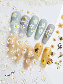3 ark Daisy Bee nagelkonstklistermärken vita gula blommor 5D nageldekaler för vår sommar gör-det-själv manikyr