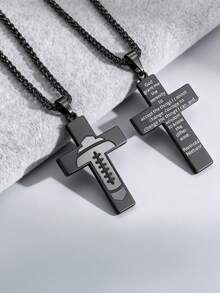 1pc Stainless Steel Black Rugby Cross Necklace, Classic Faith Design, Engraved Prayer, Non-Fading, Suitable For Men - Black - View 1