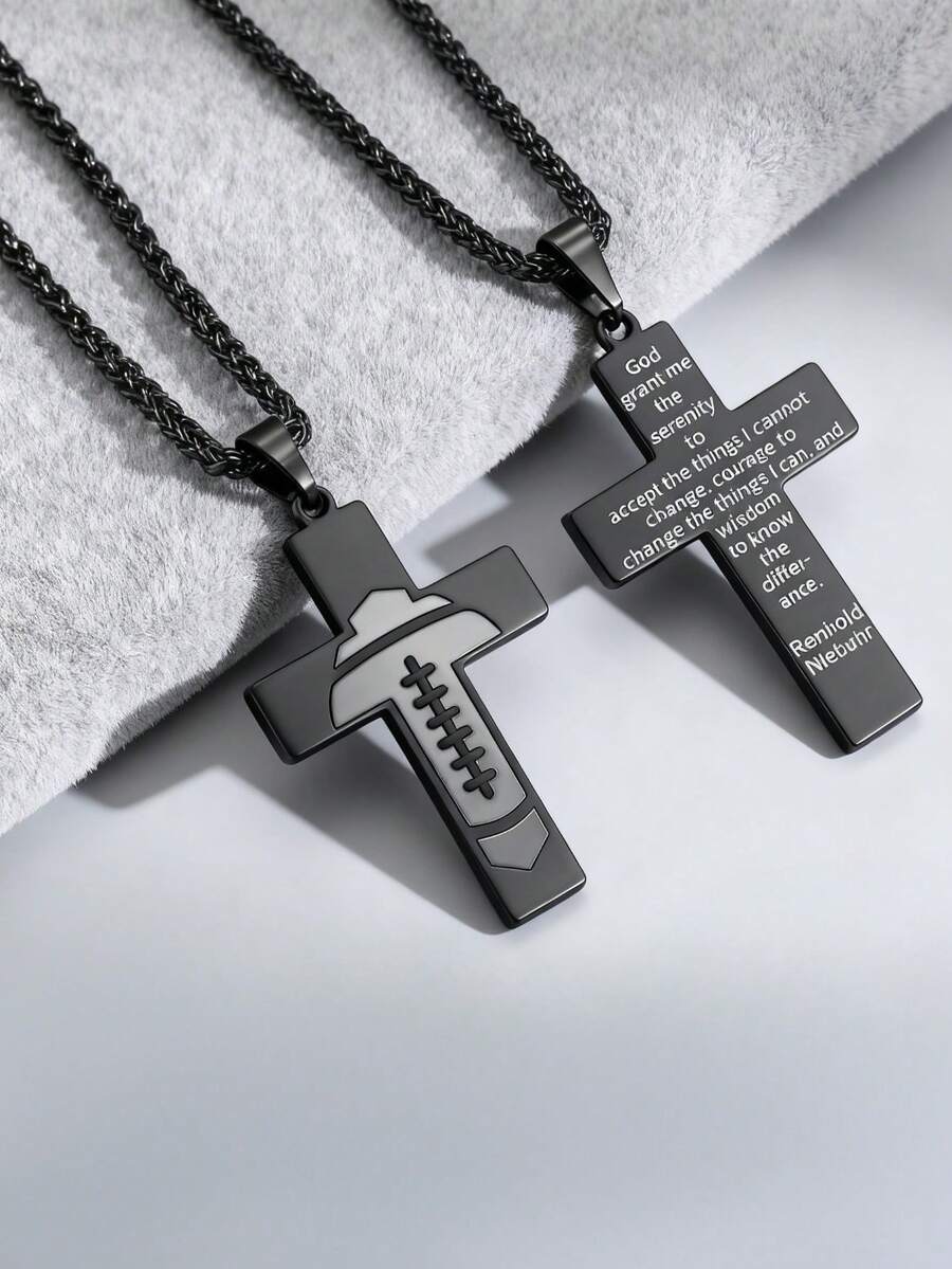 1pc Stainless Steel Black Rugby Cross Necklace, Classic Faith Design, Engraved Prayer, Non-Fading, Suitable For Men - Black - View 1