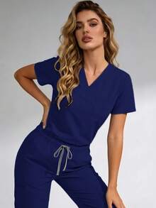 Fade Proof Scrub Set With V Neck Top And Straight Leg Pants Offering Nine Pockets And A Comfortable Fit - Màu xanh hải quân - Xem 2