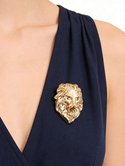 1pc Vintage Retro 3D Embossed Metal Lion Head Brooch Pin For Men Suit Shirt Collar