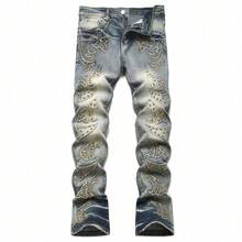 Jeans para hombres 2026 Vintage Punk Estilo juvenil Estampado bordado con parches decorativos Corte slim con elástico Pantalones de vaqueros de corte recto con efecto flare Jeans de moda para hombres de estilo retro de cintura alta cómodos - Azul - Ver 2