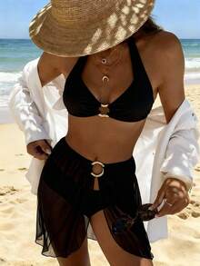 Set de 3 trajes de baño de unicolor sin espalda para vacaciones en la playa de verano para mujeres - Negro - Ver 2