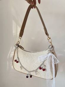 法式编织草编包，独特设计链条单肩包，饰有可爱樱桃图案，Y2K 新月形单肩/腋下包 - 白色 - 查看 5
