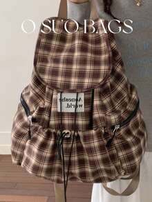 1个时尚格子多口袋尼龙休闲背包，防水、轻便、可折叠、抽绳、字母贴片、旅行包 - 彩色 - 查看 4