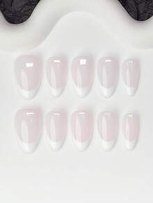 Set de 10 piezas de puntas de uñas en forma de almendra estilo Y2K "baddie", color nude y blanco con diseño de punta francesa, adecuado para fiestas, bodas y uso diario, incluye herramientas para uñas, gran regalo para mujeres y niñas - Multicolor - Ver 1