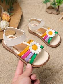 1 Pair Girls' New Summer Daisy Flat Sandals, PU Leather Material, Hook And Loop Strap, Easy On/Off, Suitable For Daily Wear, Beach, Party And Gathering - Multicolor - View 3