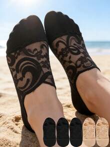 5双装女士蕾丝花朵袜性感隐形踝袜柔软防滑舒适透气吸汗休闲袜 - 彩色 - 查看 3