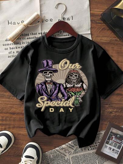 Grunge Vintage Skeleton Couple Print Tee Women's "Our Special Day" Graphic T-Shirt Summer Casual Short Sleeve Crew Neck Loose Fit Top For Streetwear Festival Outfit