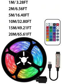 24键遥控器，5V USB RGB LED灯带，适用于电视背光、办公室、桌面底部、电脑显示器、客厅、卧室（建议长度：1米至5米，用于电视和电脑背景照明）。最佳生日礼物，可通过遥控器控制，非常适合用于电视、花园、家居、卧室、客厅、万圣节、圣诞节、婚礼和派对装饰，是生日和圣诞节的完美礼物。 - 彩色光 - 查看 10