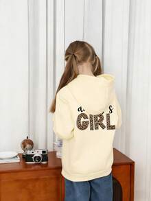 Tween Girl Graphic Print Thermal Lined Sweatshirt, Warm & Comfortable For Autumn/Winter - Apricot - View 2