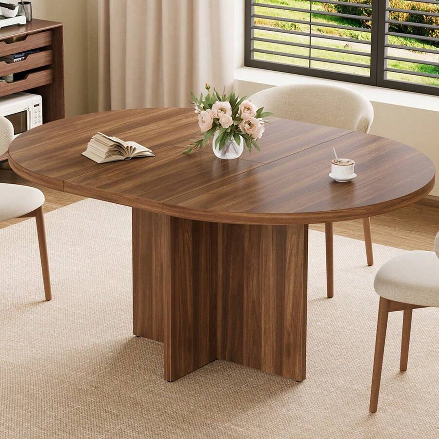 CuisinSmart Round Dining Table,43.3''-59''Extendable Round Dining Table For 4-8,Modern Dinner Table With Wood Base,Kitchen Oval Dining Table For Dining Room, Living Room(Table Only) - 核桃 - 查看 1