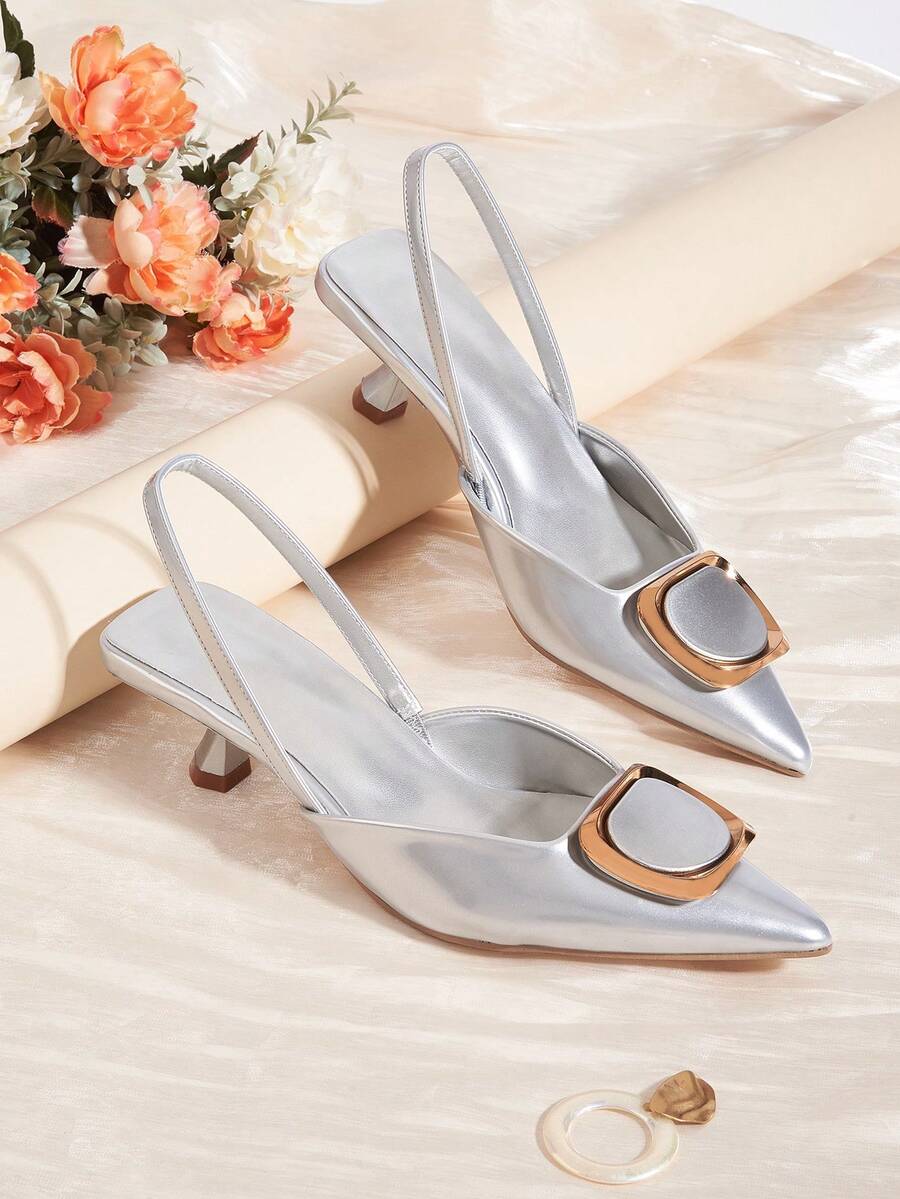 Women's 2025 New Fashion Metal Buckle Elegant Pointed Toe High Heel Pumps - Silver - View 1